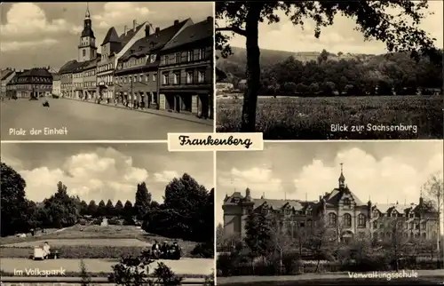 Ak Frankenberg in Sachsen, Schloss Sachsenburg, Platz der Einheit, Im Volkspark, Verwaltungschule