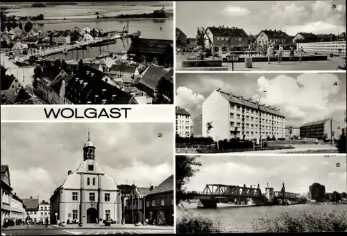Ak Wolgast in Mecklenburg Vorpommern, Hafen, Rathaus, Springbrunnenanlage, Peene, Brücke