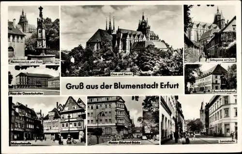 Ak Erfurt in Thüringen, Hermannsplatz, Dom, Meister-Ekkehard-Brücke, Leninstraße, Stiftsgasse