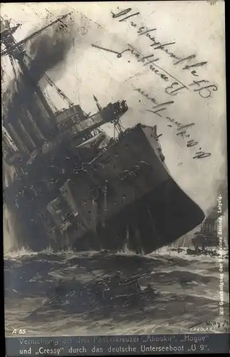 Künstler Ak Stöwer, Willy, Dt. Unterseeboot U9 vernichtet brit. Panzerkreuzer Aboukir, Hogue, Cressy