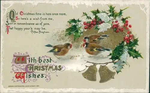 Präge Ak Glückwunsch Weihnachten, Vögel, Glocken, Stechpalmenzweige