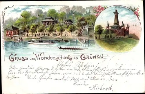 Litho Berlin Köpenick Grünau Wendenschloss, Gastwirtschaft, Sportdenkmal, Müggelturm