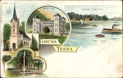 Litho Berlin Reinickendorf Tegel, Schloss, Landschaft am Tegeler See, Kirche, Denkmal