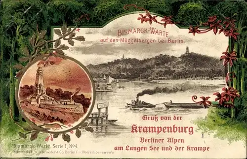 Litho Berlin Köpenick Müggelheim, Gastwirtschaft Krampenburg, Bismarckwarte, Müggelberge