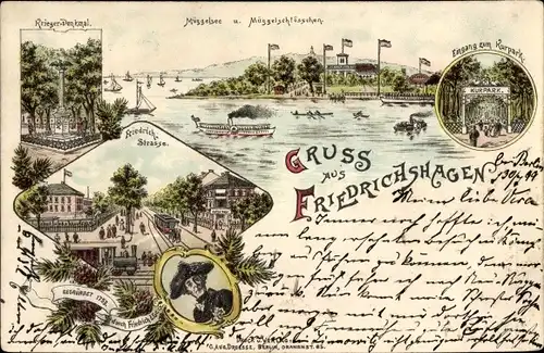 Litho Berlin Köpenick Friedrichshagen, Müggelsee, Müggelschlösschen, Friedrichstraße, Kriegerdenkmal