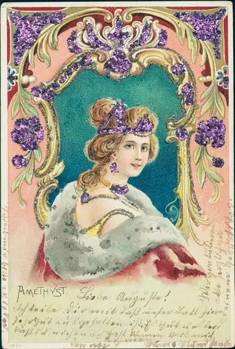 Glitzer Litho Allegorie, Amethyst, Portrait einer Frau, Diadem