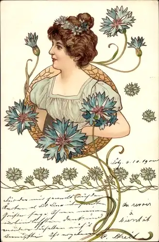 Jugendstil Litho Frauenportrait, Kornblumen