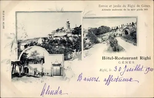 Ak Genova Genua Liguria, Hôtel Righi, Enttrée et jardin du Righi de Gênes
