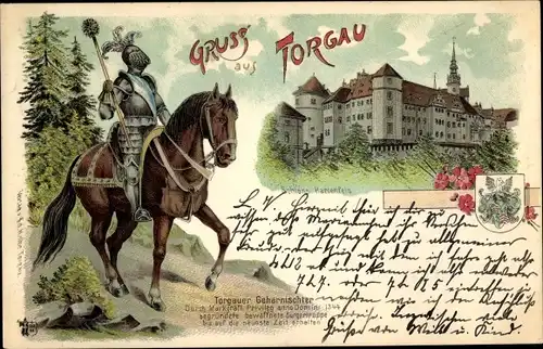 Litho Torgau an der Elbe Nordsachsen, Auszugsfest der Geharnischten 1900, Schloss Hartenfels