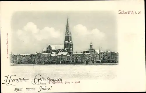 Ak Schwerin in Mecklenburg, Glückwunsch Neujahr, Pfaffenteich, Dom, Post
