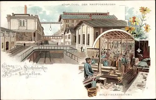 Litho Bad Salzuflen im Kreis Lippe, Hoffmanns Stärkefabrik, Südflügel Hauptgebäude, Holzbearbeitung