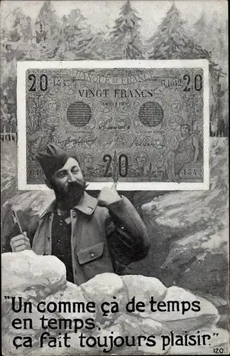 Ak Französischer Soldat in Uniform, Geldschein