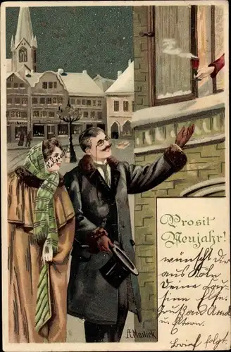 Künstler Litho Mailick, Glückwunsch Neujahr, Ehepaar, Sektglas