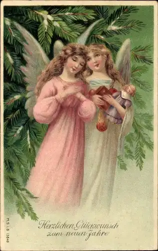 Präge Ak Glückwunsch Neujahr, Engel am Tannenbaum, Geschenke, Puppe