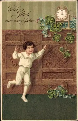 Präge Ak Glückwunsch Neujahr, Kind, Glücksklee, Uhr, Vergissmeinnicht