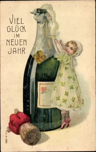 Präge Ak Glückwunsch Neujahr, Mädchen, Geöffnete Sektflasche