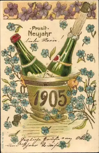 Präge Glitzer Litho Glückwunsch Neujahr 1905, Sektflaschen, Veilchen, Vergissmeinnicht