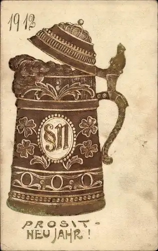 Präge Glitzer Litho Glückwunsch Neujahr 1912, Bierglas, Glücksklee