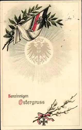 Litho Glückwunsch Ostern, Küken mit Fahne, Patriotik, Lorbeer