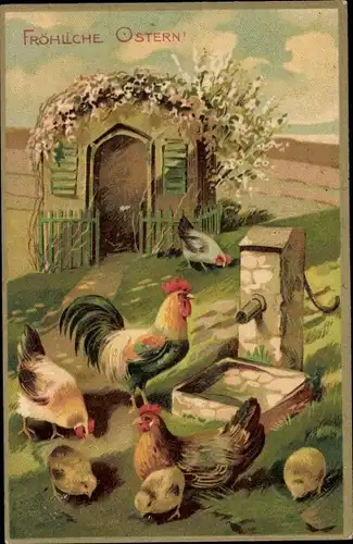 Präge Ak Glückwunsch Ostern, Hühner, Küken, Hühnerstall