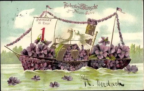 Präge Ak Glückwunsch Neujahr, Dampfer, Tauben, Veilchen, Kalender