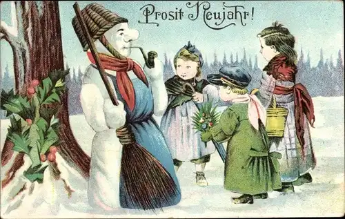 Präge Ak Glückwunsch Neujahr, Kinder schmücken Schneemann