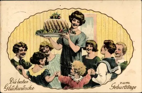 Ak Glückwunsch Geburtstag, Frau kommt mit Kuchen, Tanzende Kinder