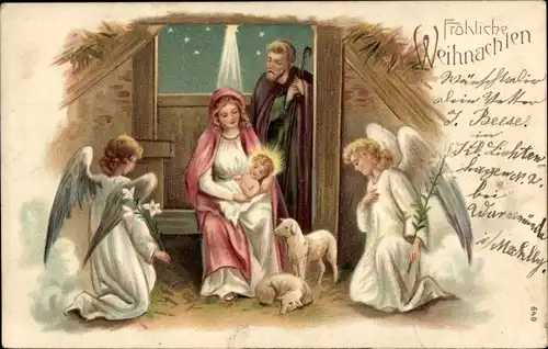 Präge Ak Glückwunsch Weihnachten, Betende Engel, Maria mit Jesuskind