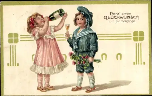 Präge Ak Glückwunsch Namenstag, Kinder trinken Sekt
