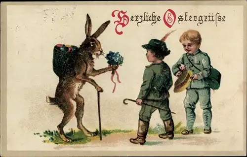 Präge Ak Glückwunsch Ostern, Osterhase, Blumen, Kinder