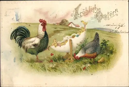 Präge Litho Glückwunsch Ostern, Hühner, Küken, Eierschale, Blumenwiese