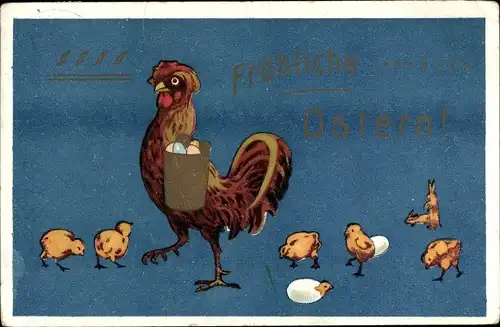 Ak Glückwunsch Ostern, Hahn, Küken, Ostereier