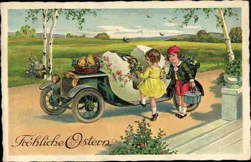 Ak Glückwunsch Ostern, Mädchen steigt in ein Automobil, Küken in einem Weidenkorb