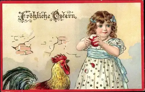 Präge Ak Glückwunsch Ostern, Mädchen, Hahn, Osterei