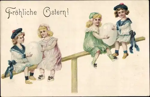 Präge Ak Glückwunsch Ostern, Kinder beim Wippen, Ostereier