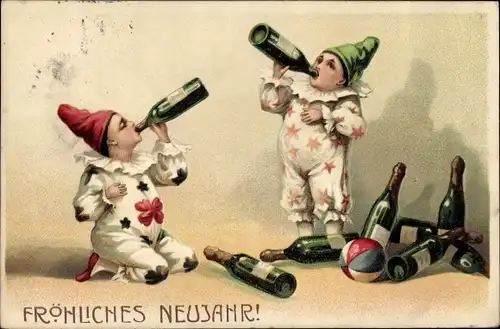 Präge Ak Glückwunsch Neujahr, Kinder trinken Sekt, Sektflaschen