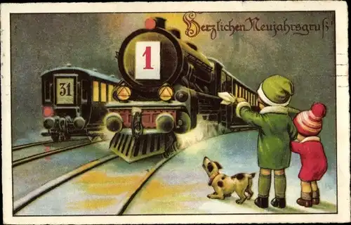 Ak Glückwunsch Neujahr, Kinder am Bahnhof, Eisenbahnen, Kalender