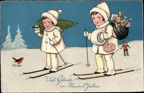 Ak Glückwunsch Neujahr, Kinder fahren Ski, Geschenke