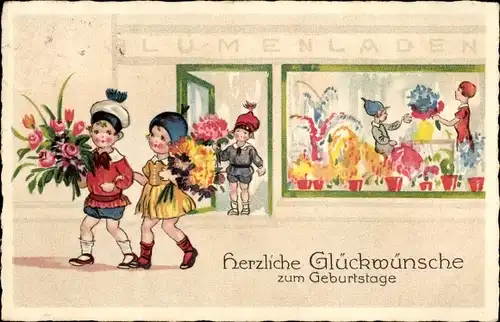 Ak Glückwunsch Geburtstag, Kinder, Blumenstrauß, Blumenladen