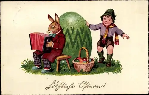 Ak Glückwunsch Ostern, Osterhase spielt Musikinstrument, Ostereier, Kind