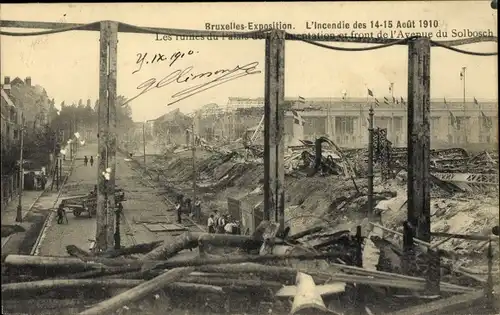 Ak Bruxelles Brüssel, Exposition 1910, L'Incendie des 14-15 Aout 1910