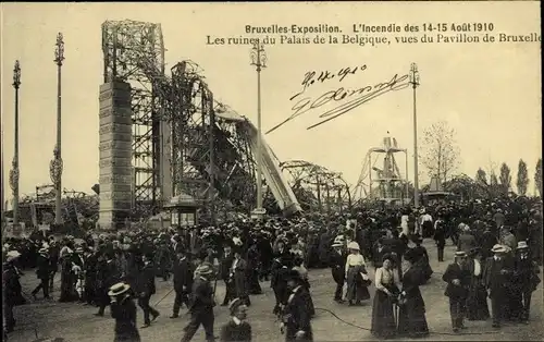 Ak Bruxelles Brüssel, Exposition 1910, L'Incendie des 14-15 Aout 1910, Ruines du Palais de Belgique