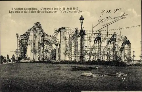 Ak Bruxelles Brüssel, Expo 1910, Incendie, Palais de la Belgique, Vue d'ensemble