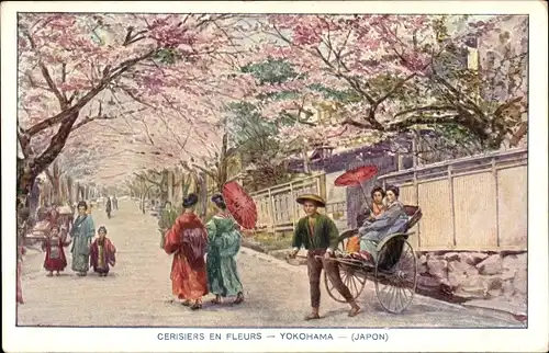 Künstler Ak Yokohama Präf. Kanagawa Japan, Kirschblüte, Rikschafahrer, Spaziergänger