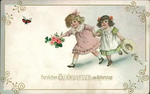 Präge Ak Glückwunsch Geburtstag, Zwei Mädchen, Rosen, Marienkäfer