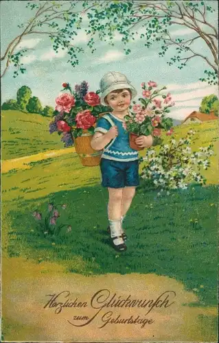Ak Glückwunsch Geburtstag, Kind, Blumenkorb, Rosen
