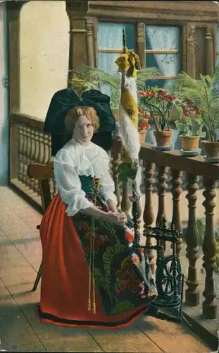 Ak Frau in Elsässer Tracht, Portrait am Spinnrad
