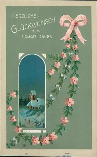 Präge Ak Glückwunsch Neujahr, Blumen, Schleife, Kirche
