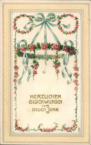 Präge Ak Glückwunsch Neujahr, Blumen, Rosen, Schleife