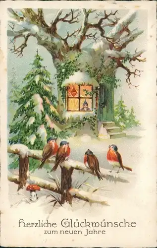 Ak Glückwunsch Neujahr, Vögel am Zaun, Wohnhaus im Baum